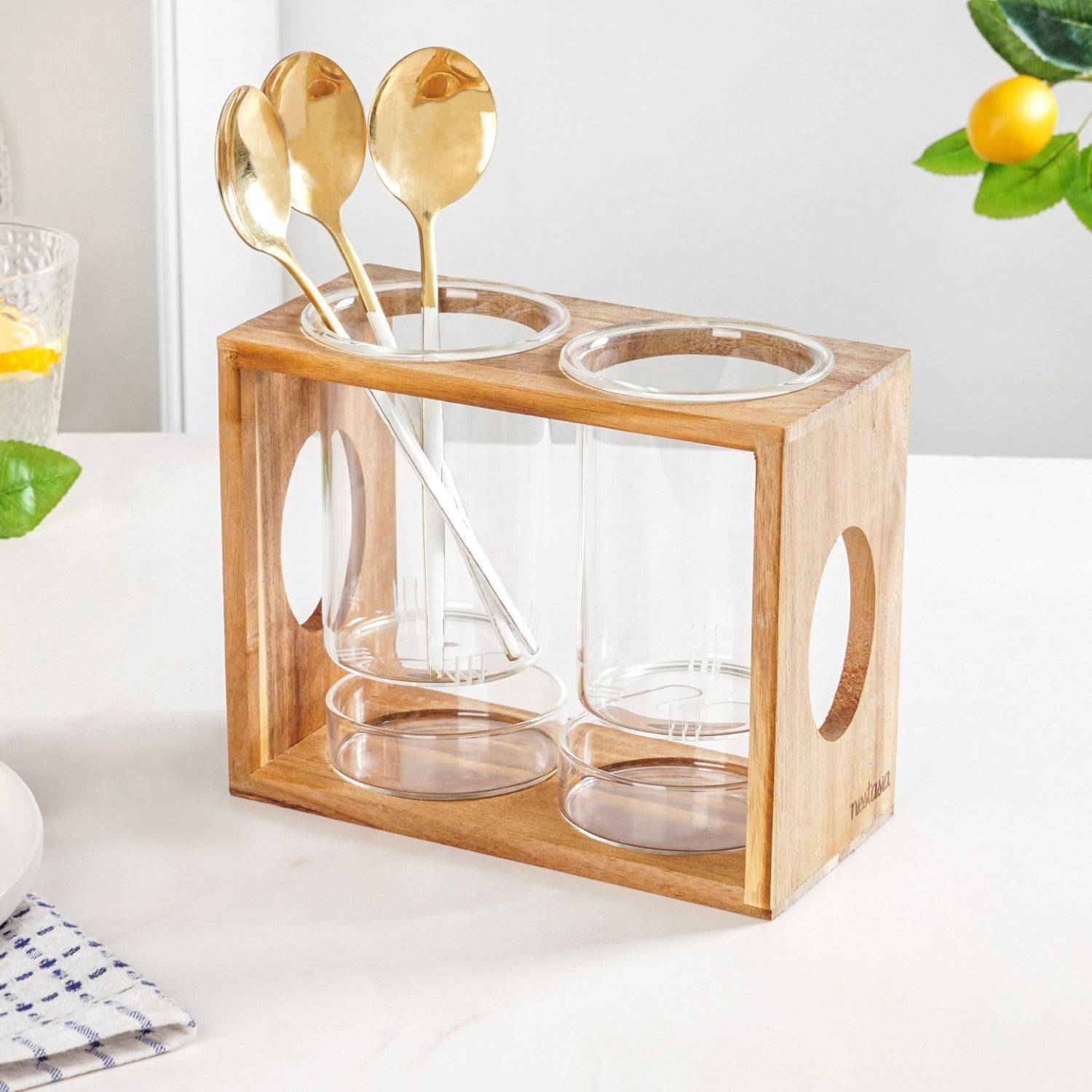 Rustic Wooden Cutlery Stand With Glass Holders buy only at ₹1550