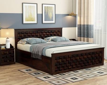 Moglis Solid Wood Queen  Size Bed With Box Storage Bed In Walnut Finish