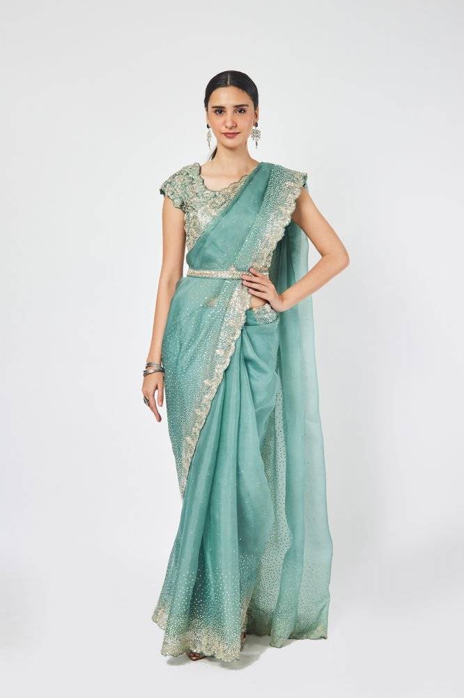 Fern Green Organza stone and cutdana work saree Buy at ₹20995