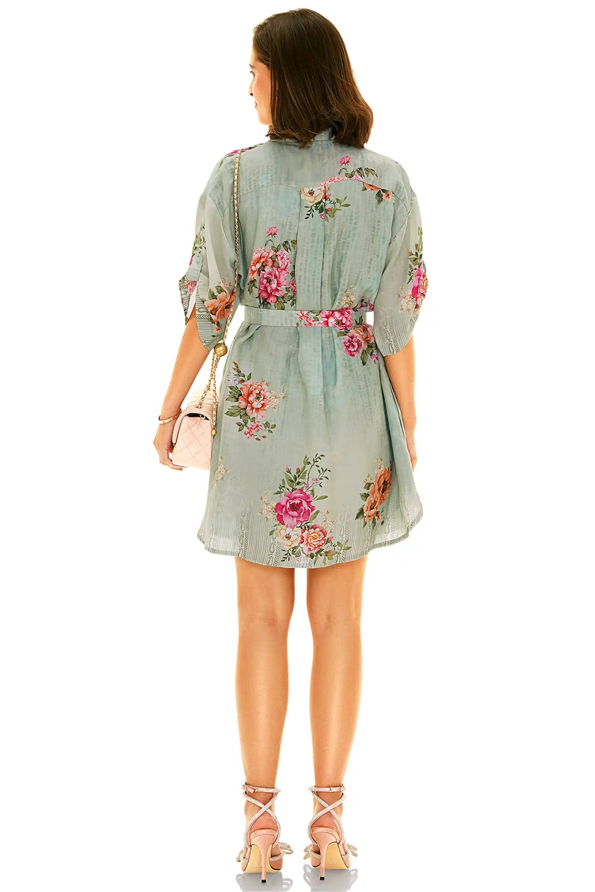 Sage Floral Belted Shirt Mini Dress
