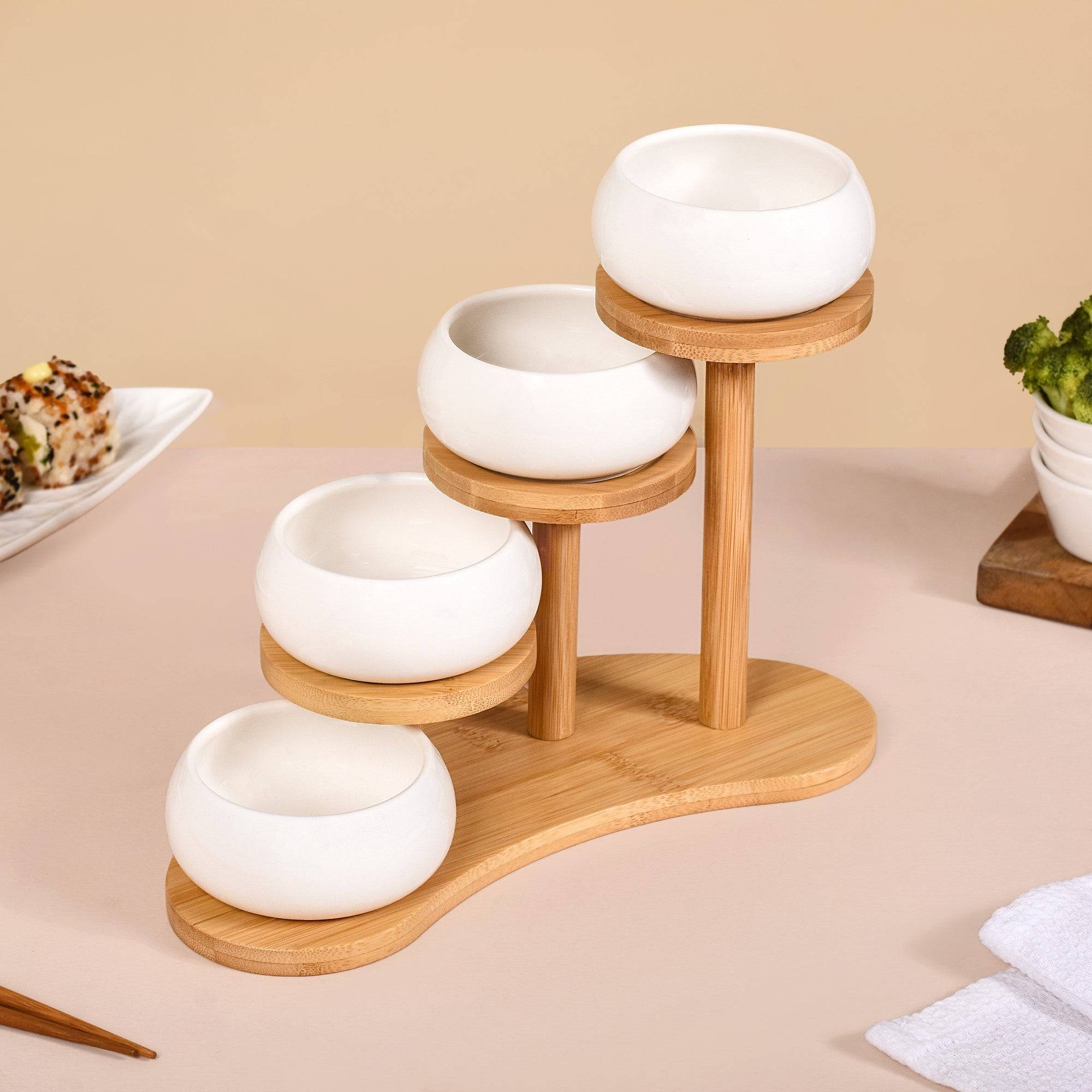 Set Of 4 Ceramic Bowls With Staircase Wooden Stand buy only at ₹1590