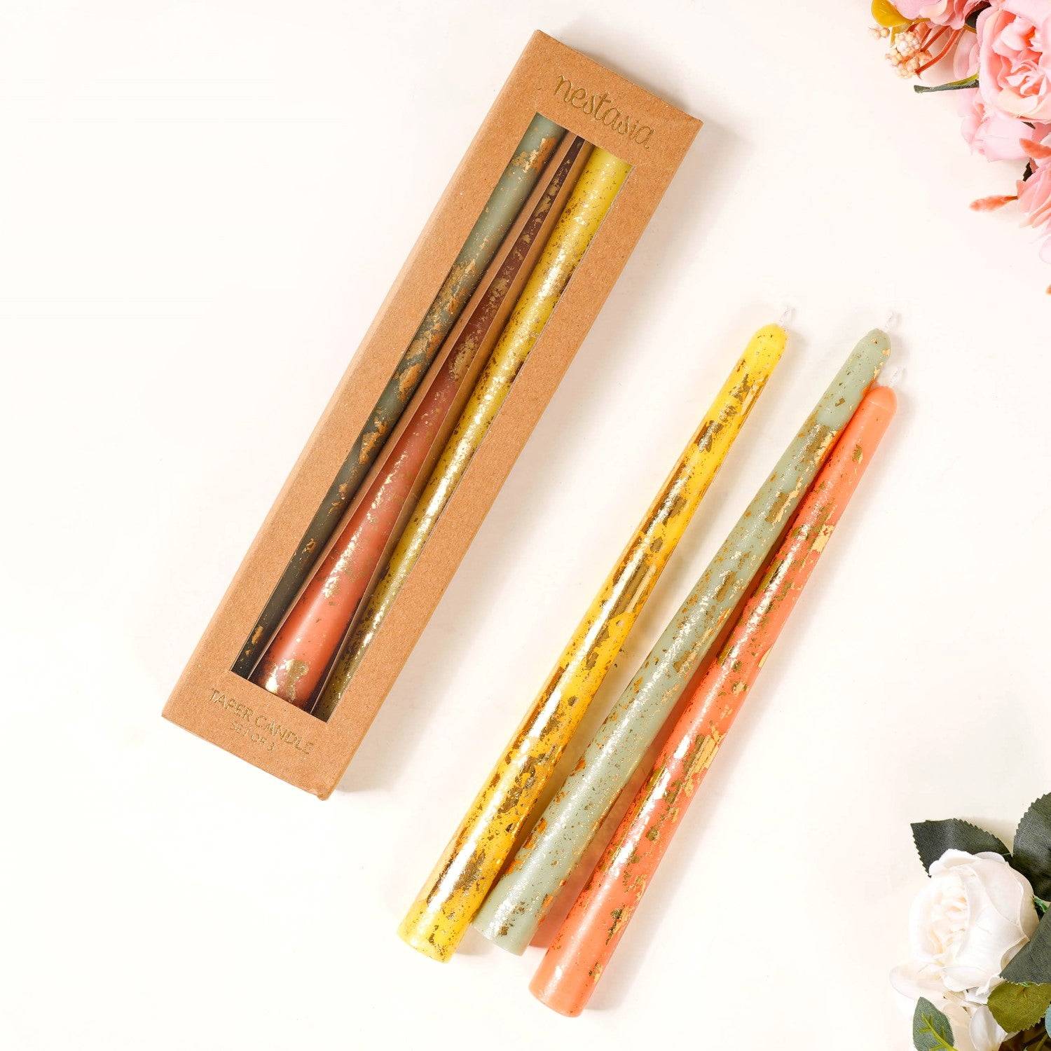 Set Of 6 Taper Candles With Gold Detailing Assorted Colours