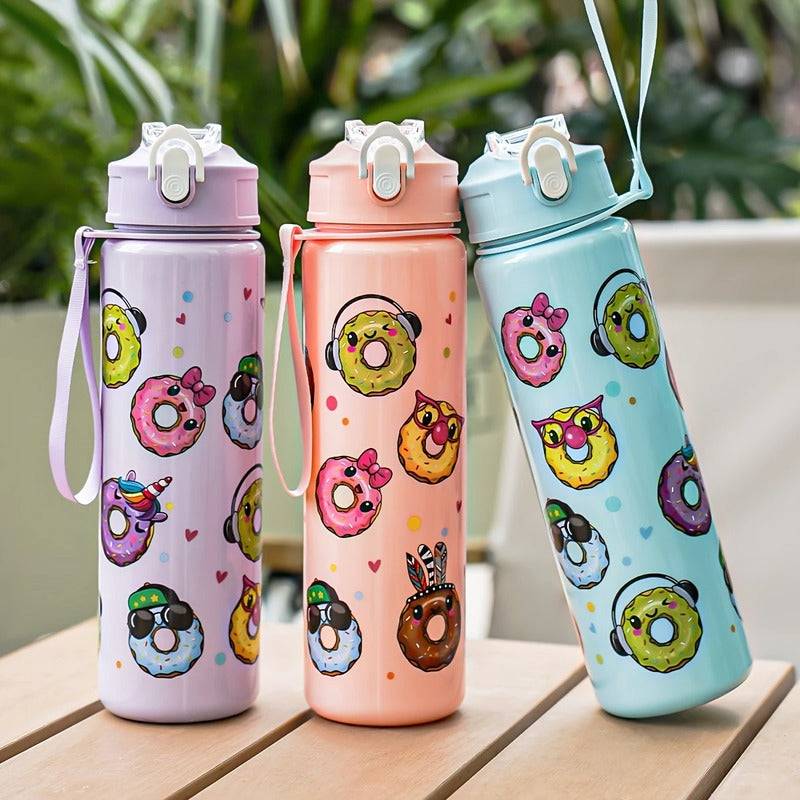 Cute Donut Print Water Bottle – Flip-Top Straw Sipper, Leak-Proof & BPA-Free (Random Color) (Pack of 1) Buy @ ₹149