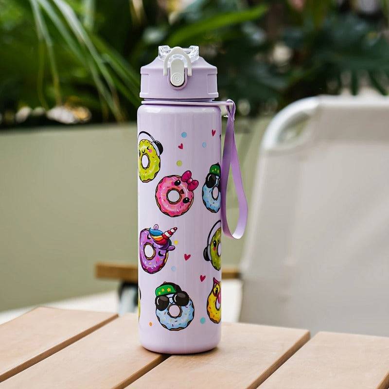 Cute Donut Print Water Bottle – Flip-Top Straw Sipper, Leak-Proof & BPA-Free (Random Color) (Pack of 1) Buy @ ₹149