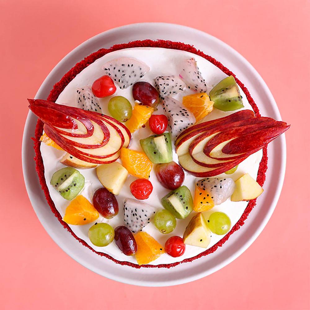 Fresh Fruits Topped Red Velvet Cake