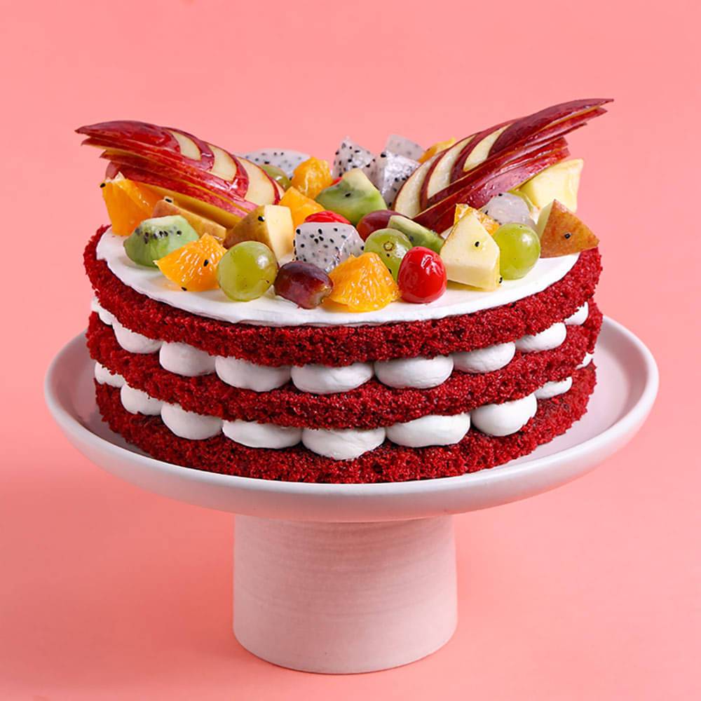 Fresh Fruits Topped Red Velvet Cake