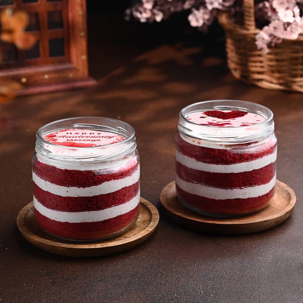 Romantic Red Velvet Anniversary Photo Jar Cakes