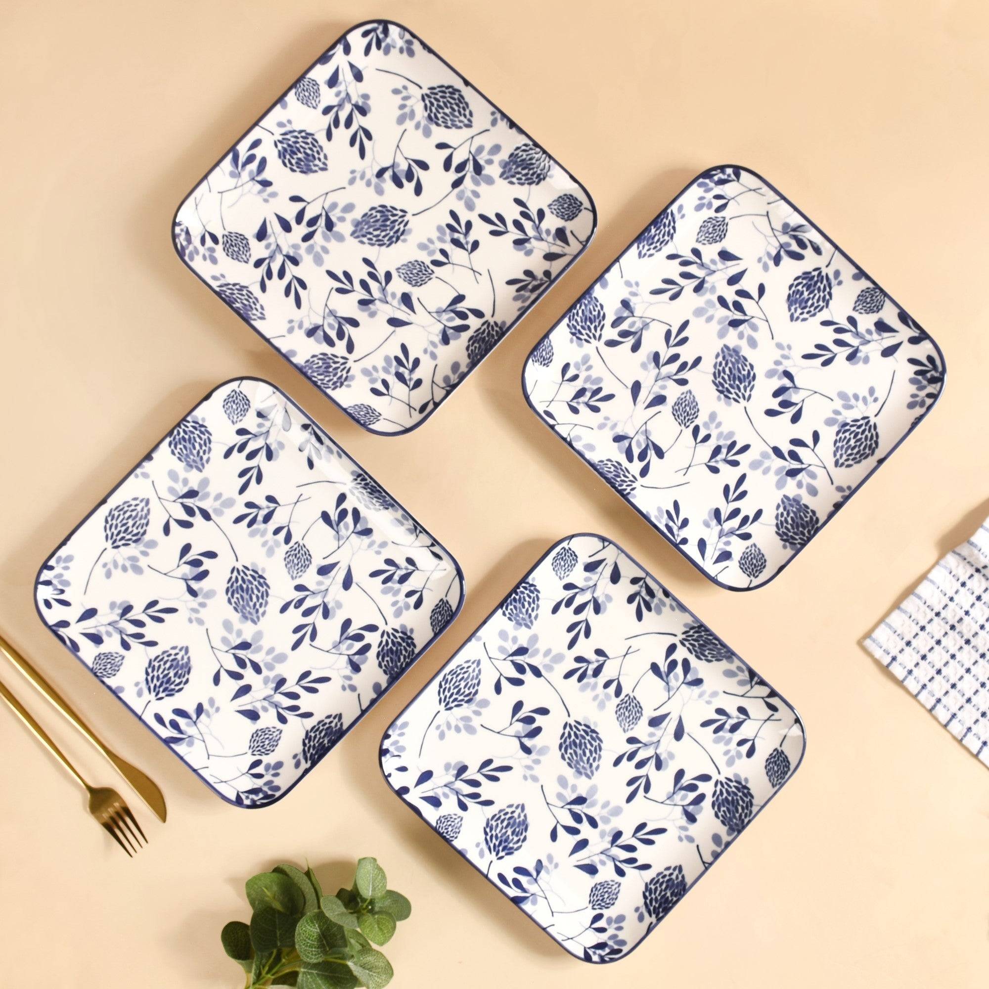 Set Of 4 Blue Ceramic Square Dinner Plates 9x9 Inch buy only at ₹3910