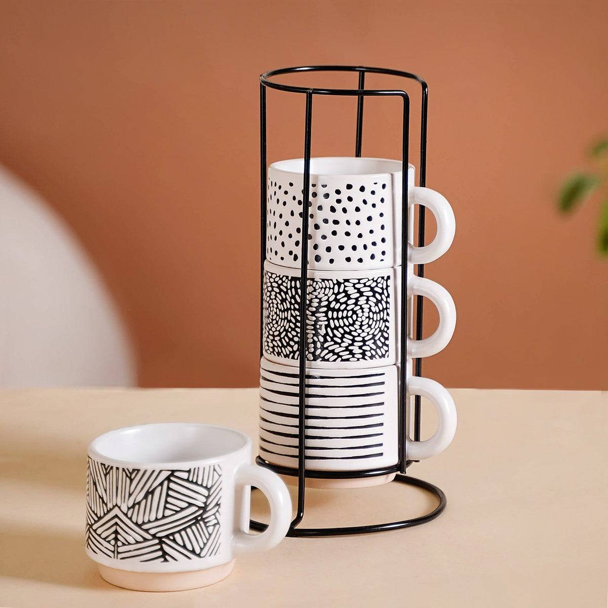 Set Of 4 Stackable Ceramic Cups With Stand Black White 180ml buy only at ₹950