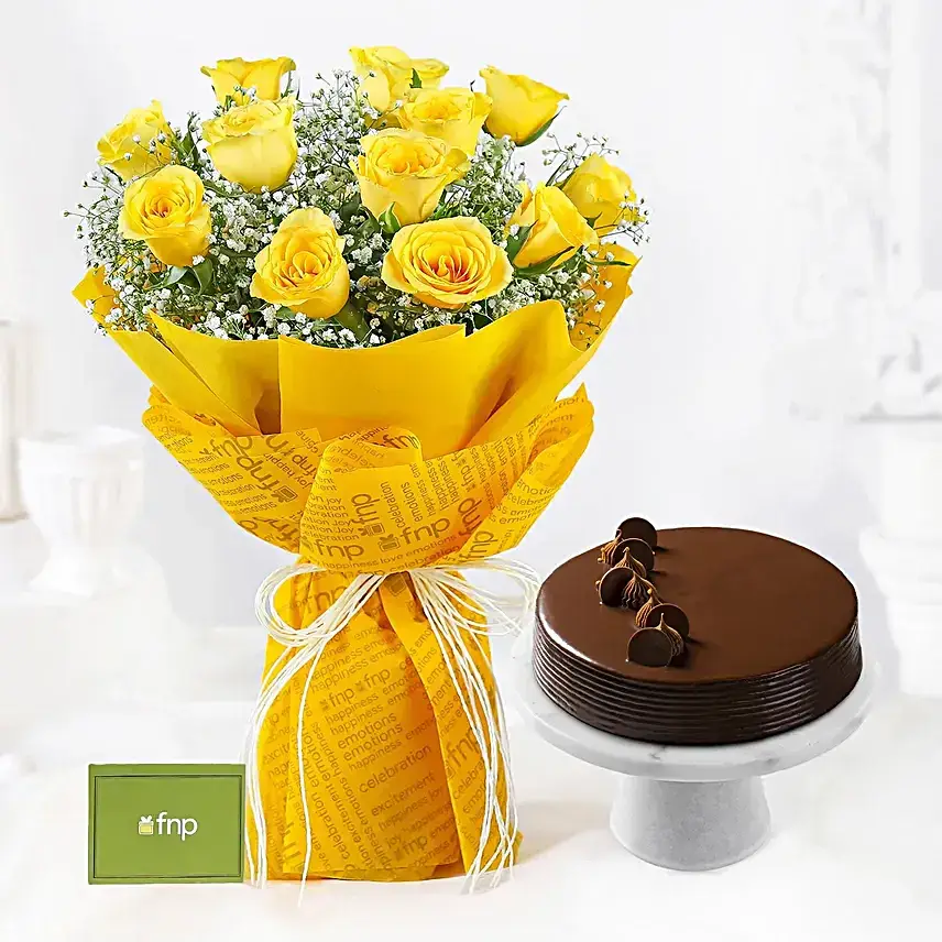 Sunshine Delivered Roses Bouquet & Truffle Cake