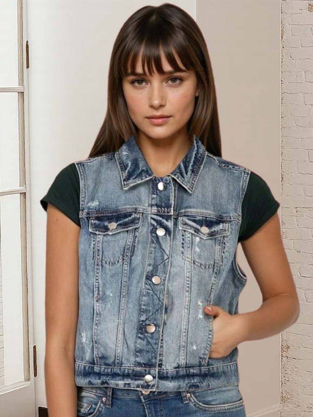 Kotty Women Spread Collar Solid Denim Jacket