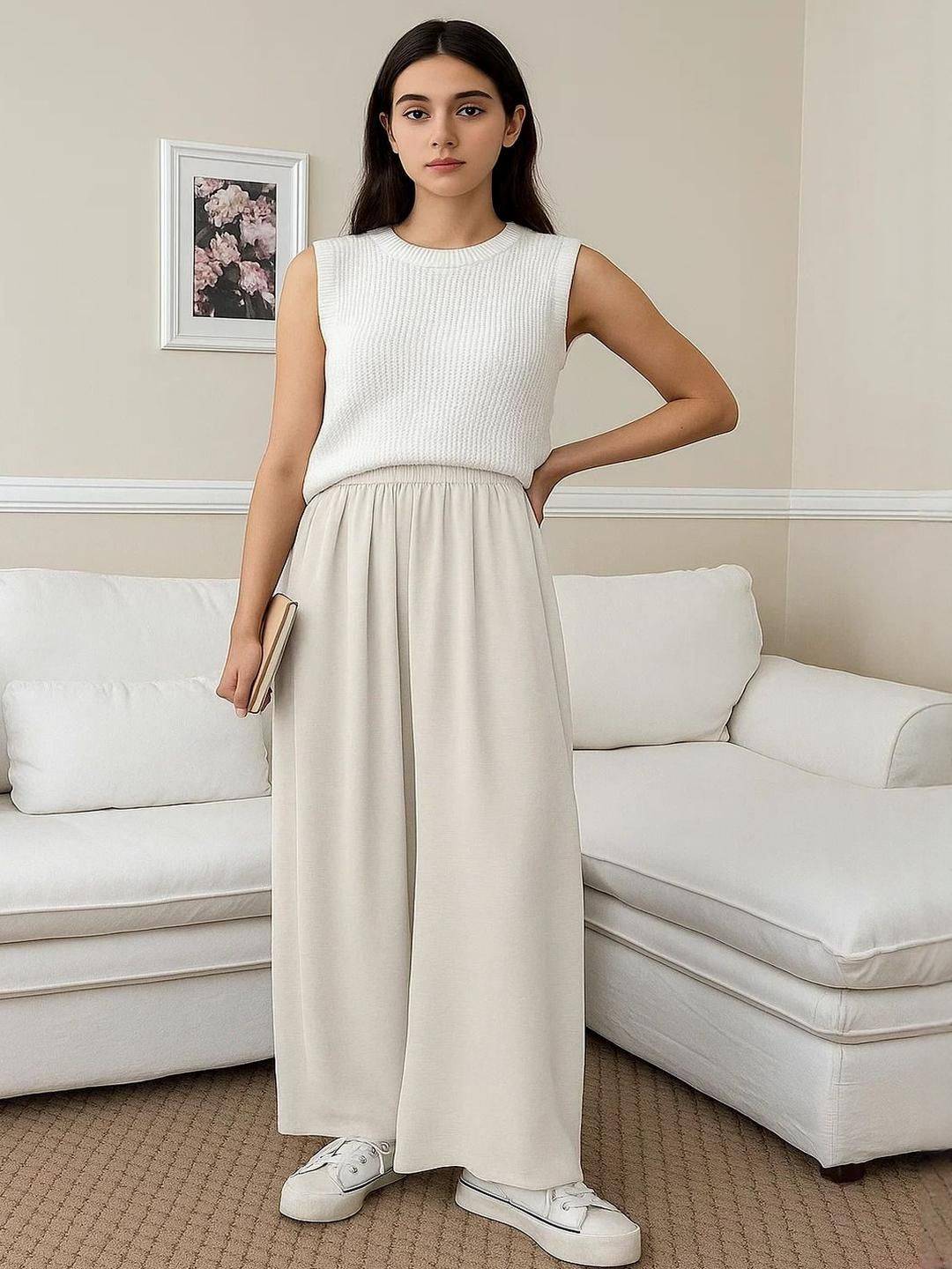 Kotty Women Solid High-Rise Flowy Pants with Elasticated Waist