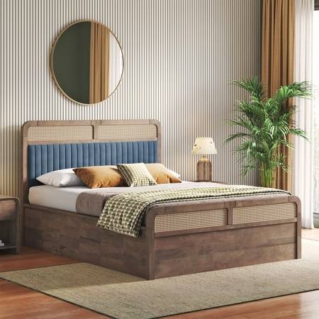 Hanoi Solid Wood Cane Queen Size Hydraulic Storage Bed In Danish Walnut Finish with Davos Plus Colour