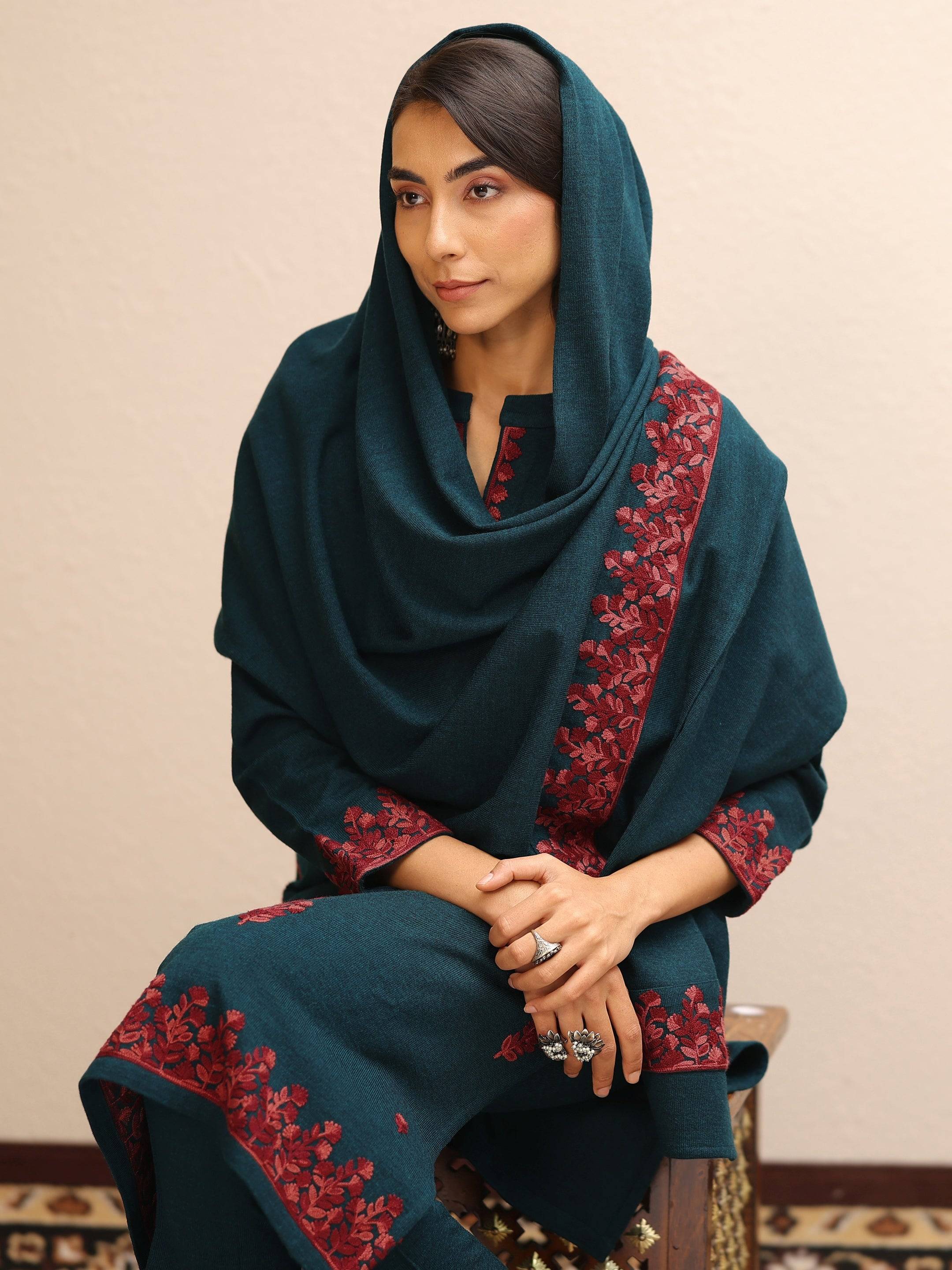 Teal Embroidered Wool Straight Suit Set... Buy only at ₹6499