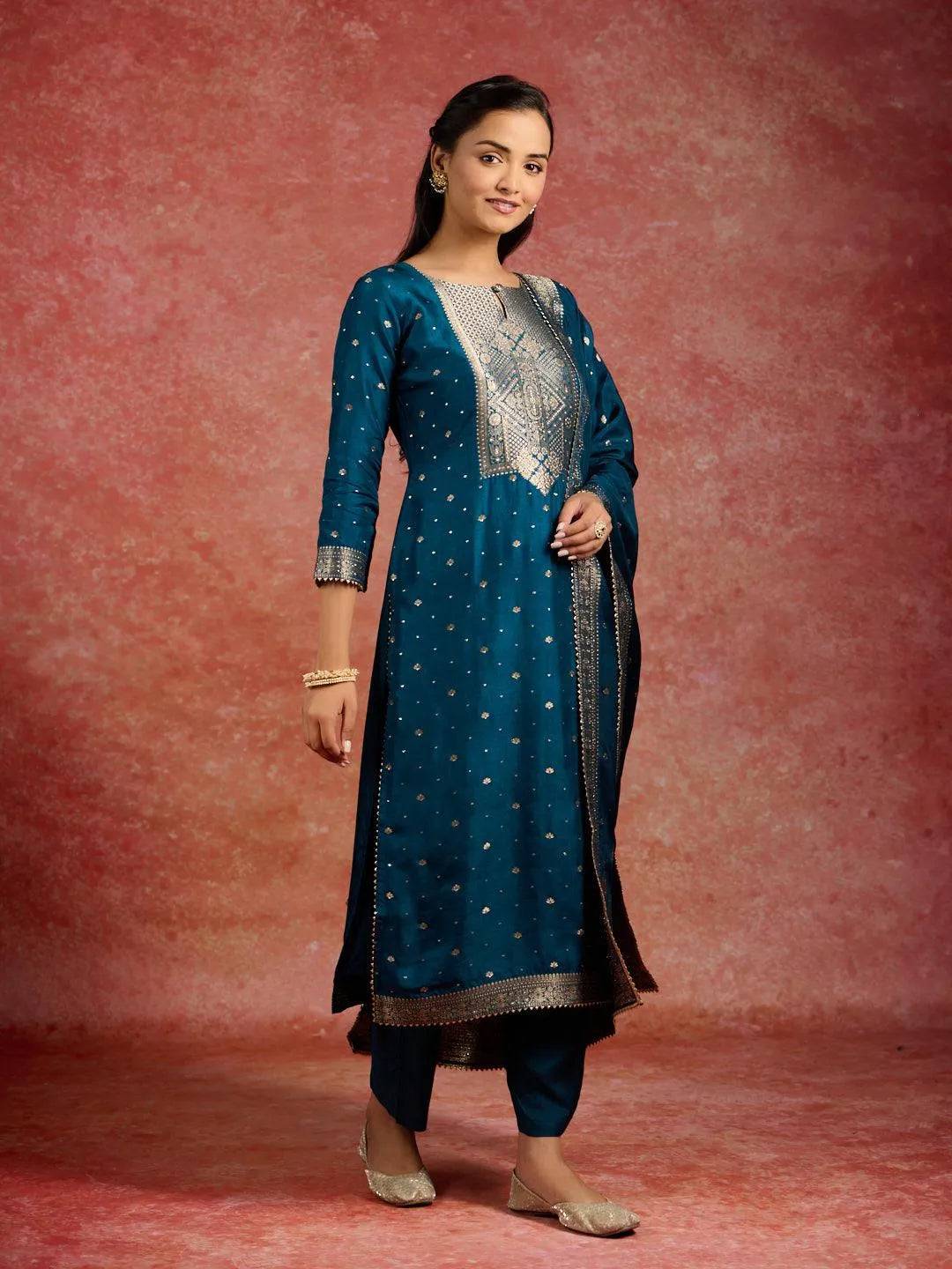 Teal Woven Design Silk Straight Suit Wi... Buy only at ₹6499