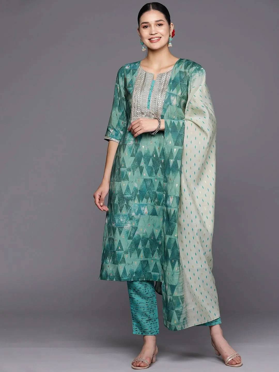 Teal Yoke Design Silk Blend Straight Ku... Buy only at ₹4499