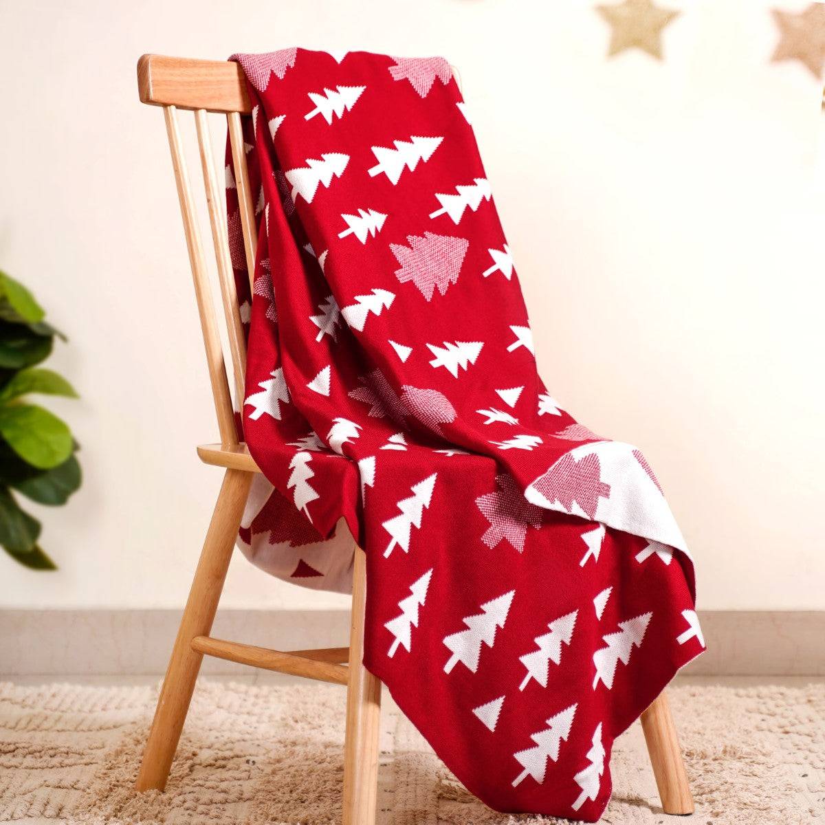 Reversible Red Tree Throw Blanket