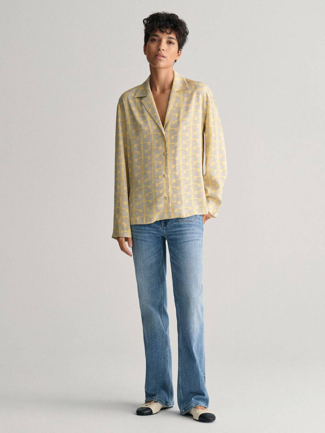Gant Women Yellow Printed Cuban Collar Full Sleeves Shirt