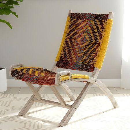 NatWest Sheesham Wood Relaxing Lounge Chair in Assorted Multi-Colour Chindi & Yellow Rope Canning
