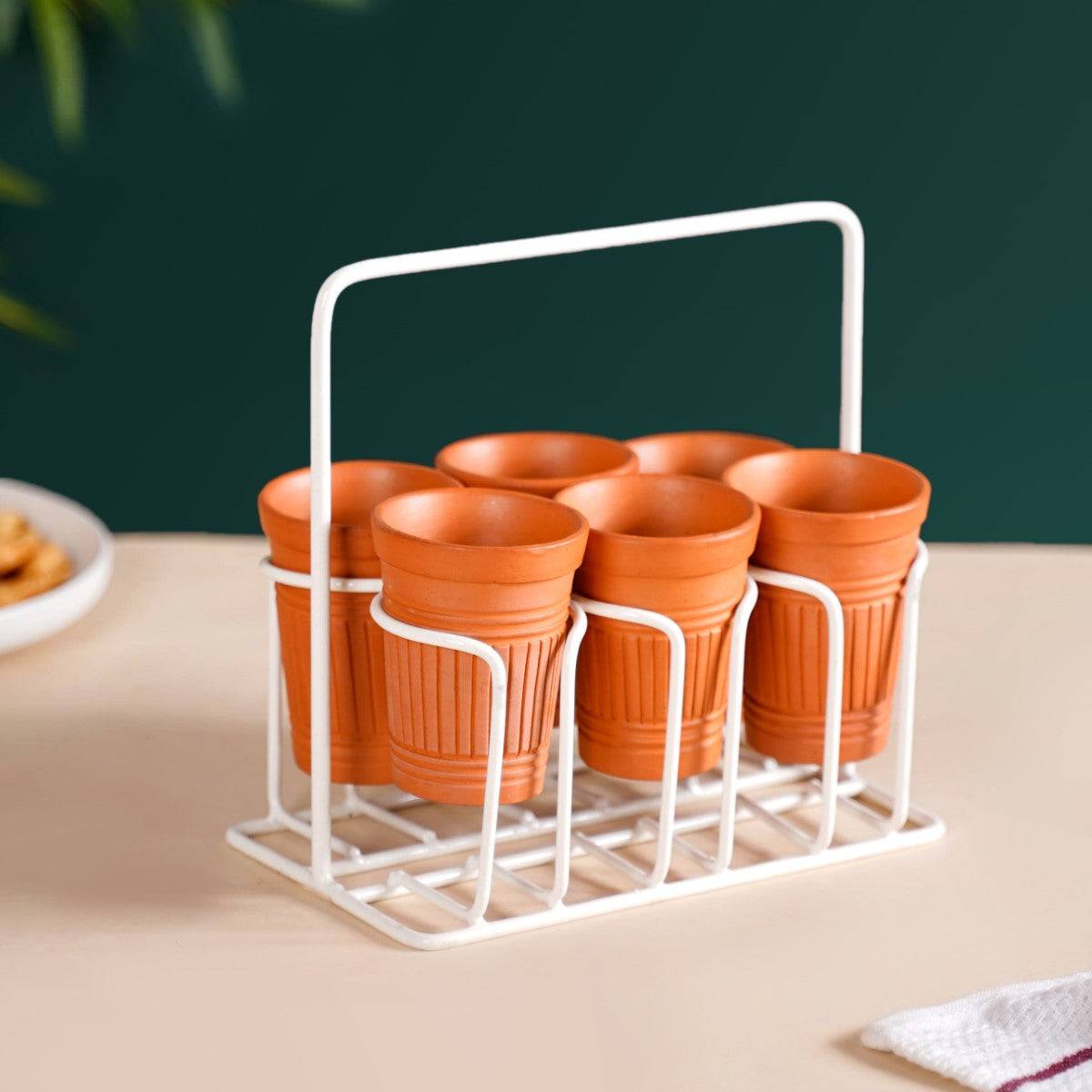 Bombay Cutting Chai Terracotta Kulhad Set Of 6 With White Metal Stand