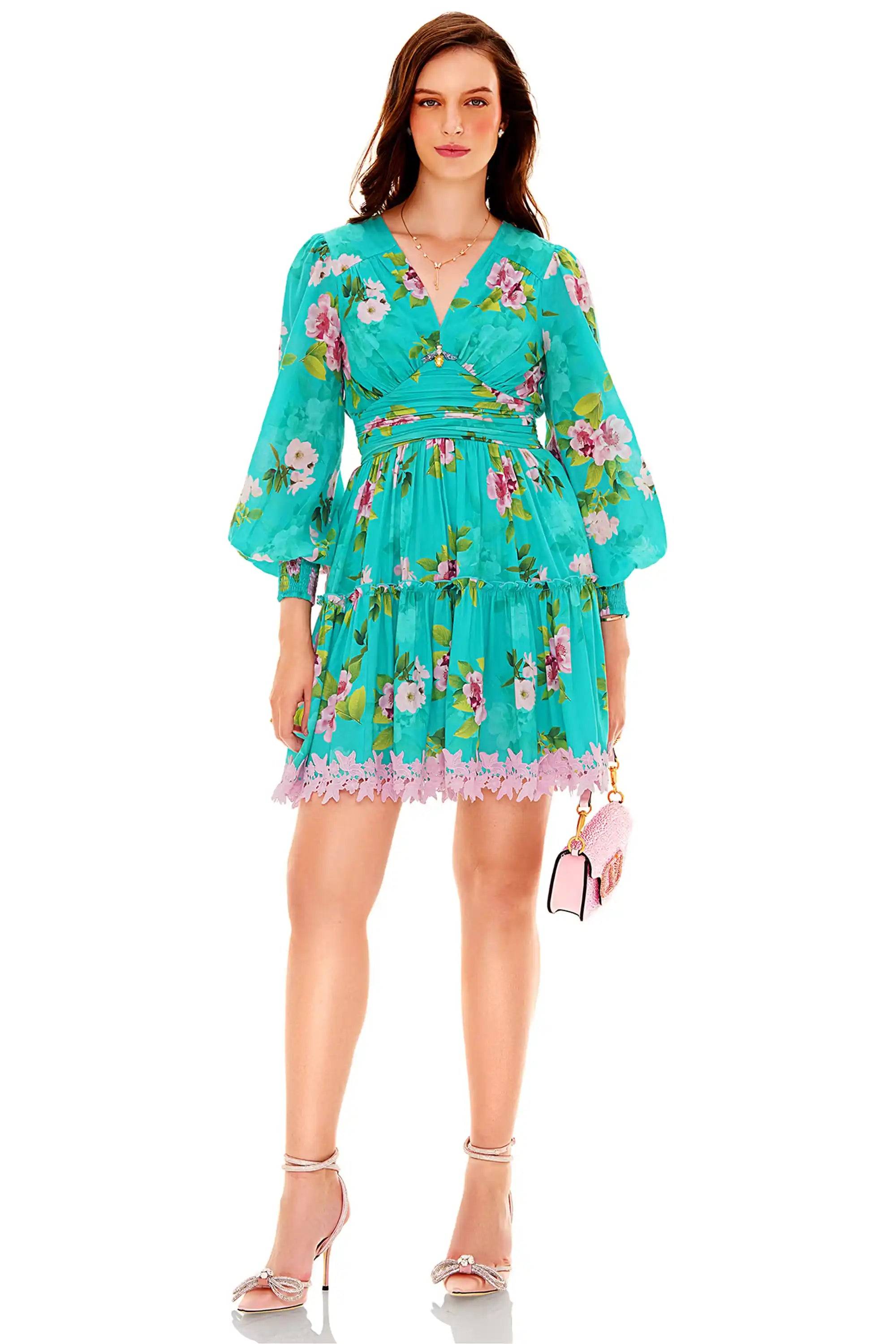 Turquoise Floral V-Neck Puff-Sleeve Lace-Hem Mini Dress