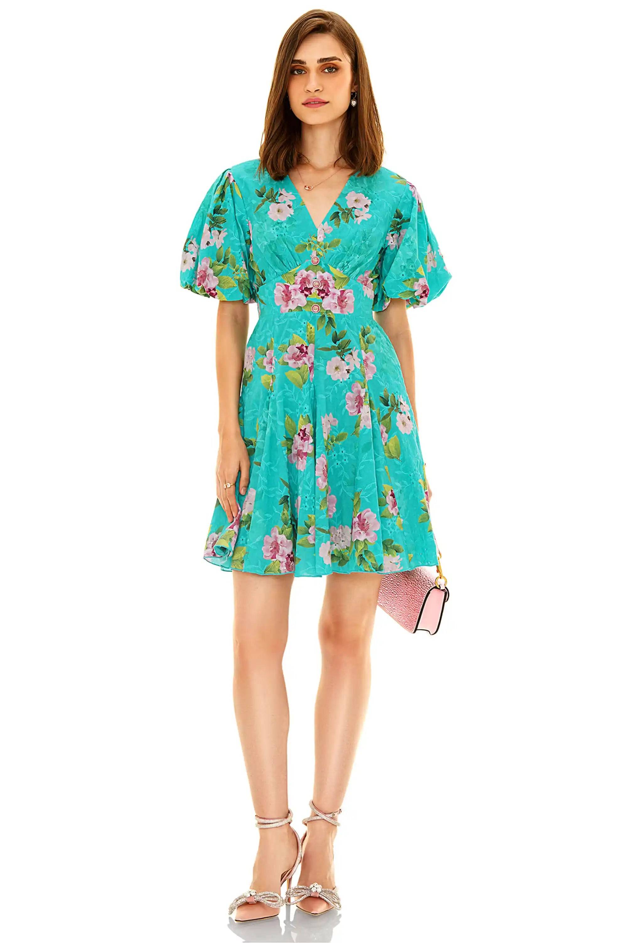 Turquoise Floral Puff-Sleeve V-Neck Mini Dress
