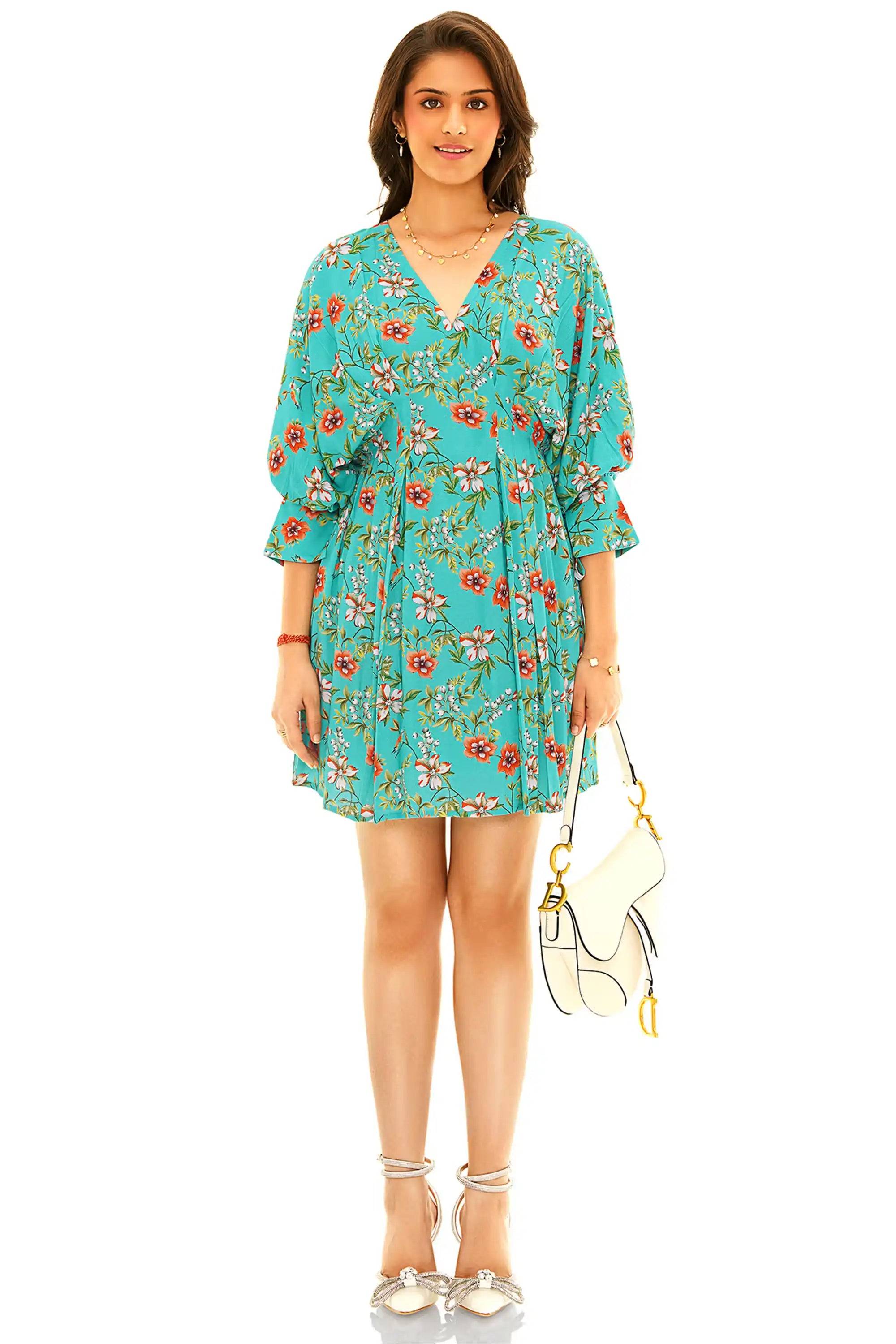 Turquoise Floral Puff-Sleeve Belted Mini Dress