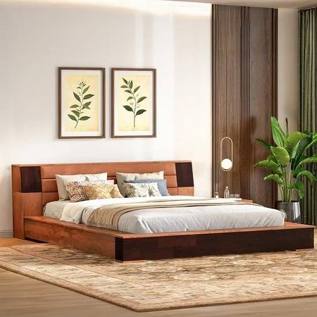 Mahe Solid Wood King Size Bed In Dual Tone With Tan Leatherette
