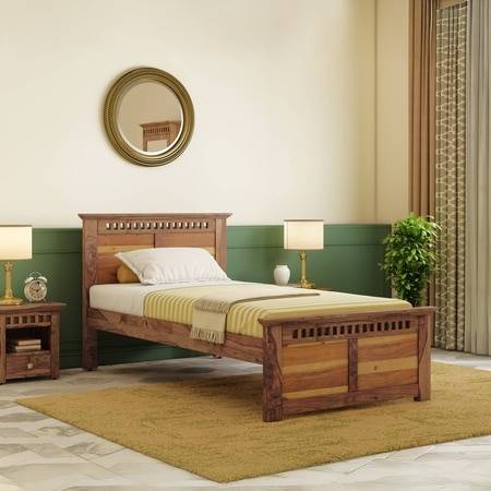 Fidora Solid Wood Single Size Non Storage Bed in Teak Finish