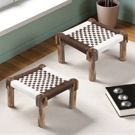 Riaza Sheesham Wood Vintage Set of 2 Foot Stools in Brown & White Rope Canning