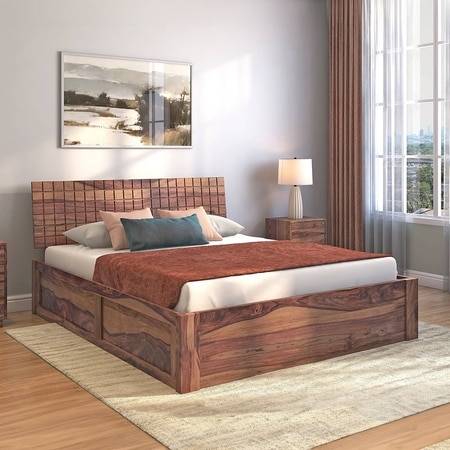 Valencia Solid Wood Queen Size Hydraulic Storage Bed In Teak Finish