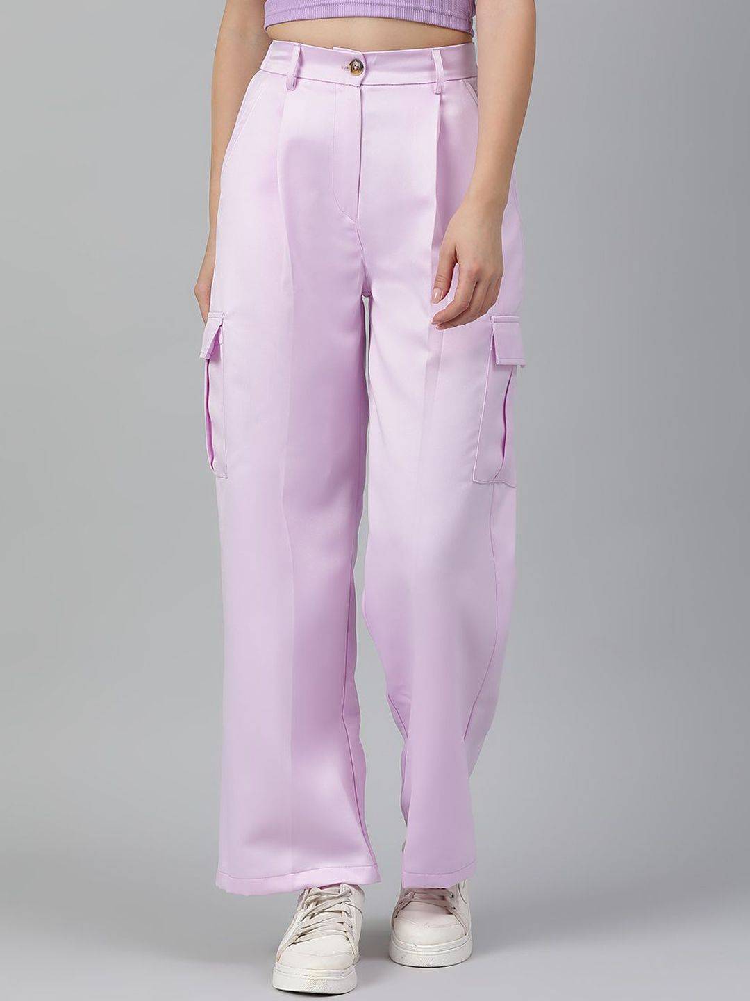 Kotty Women Relaxed Straight Leg Straight Fit High-Rise Easy Wash Cargos Trousers