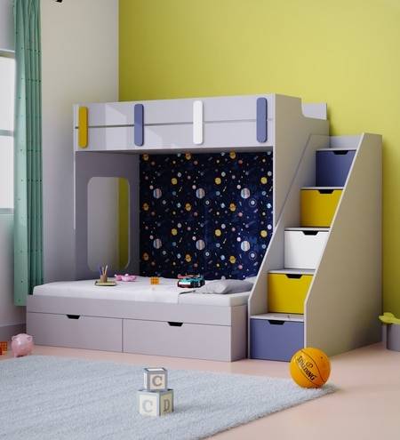 Pattern Dreams Bunk Bed  6X5 (Drawers On Wheels) In Grey Colour