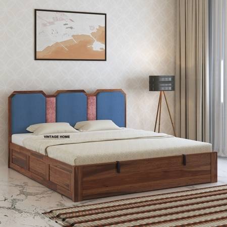 Classic Sheesham Wood Queen Size Bed With Hydraulic Storage in Provincial Teak Finish
