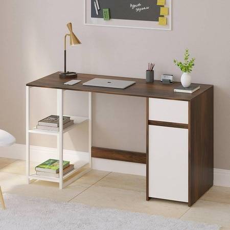 Corbyn Engineered Wood Study and Computer Laptop Table for Home or Office, WFH Desk, with Drawer Shelves Storage for Books and DÃ©cor Display for Adults Kids Students (Brown Maple & White)