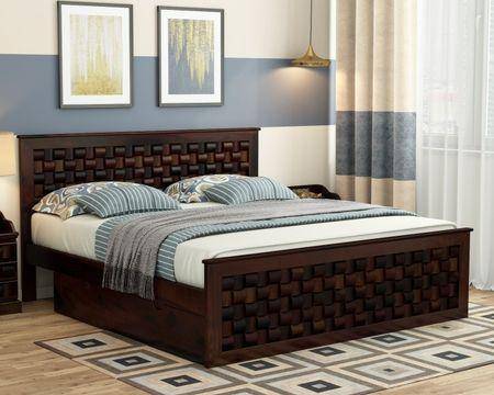 Moglis Solid Wood King  Size Bed With Drawer Storage Bed In Walnut Finish