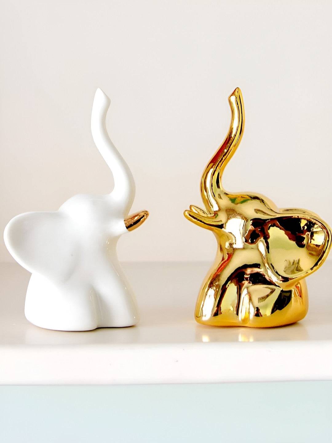 Pack of 2 Ceramic Elephant Golden White