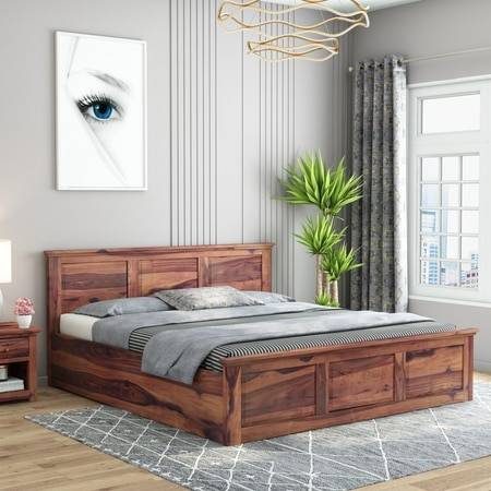 Stainfiled Solid Wood King Size Bed In Hydraulic Storage Bed In Teak Finish