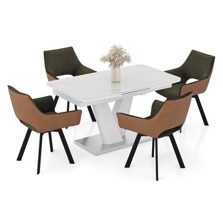 Caribu 4 to 6 extendable dining table, Finish - White marble color High Gloss with set of 4 Casey Swivel Dining Chair in Dual Tone