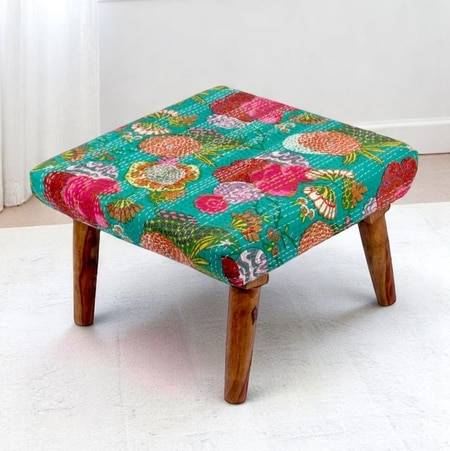 Queens Solid Wood Pouf Stool in Sea Green Fruit Print fabric