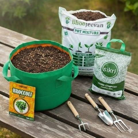 Set of 2 - Broccoli  Essential Grow Kit - 18 X 9 Inch KIVO Grow Bag + 10Kg Potting Mix + 5 Kg Vermicompost (Brands may vary)