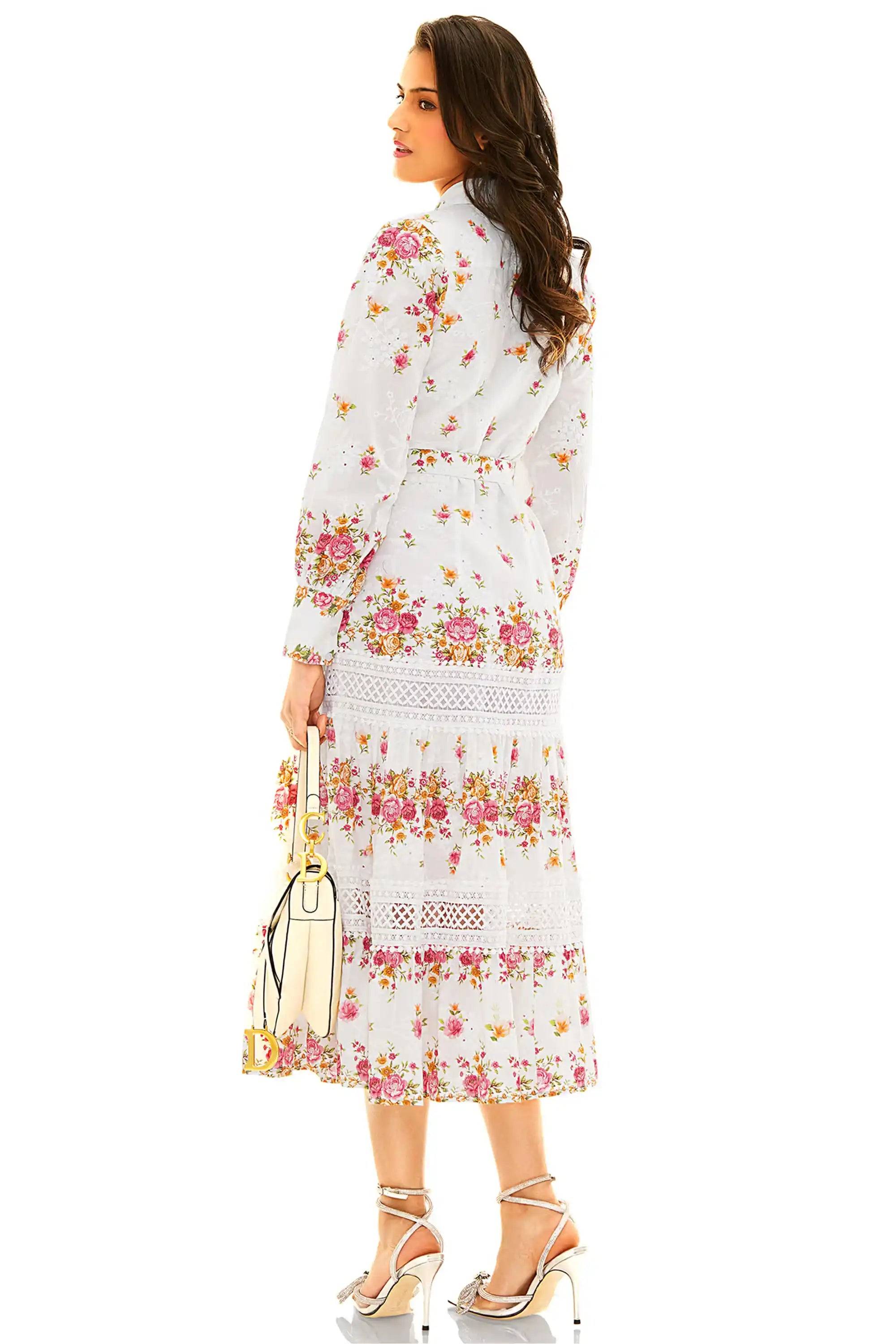 Ivory Floral Lace-Panel Belted Shirt Midi Dress