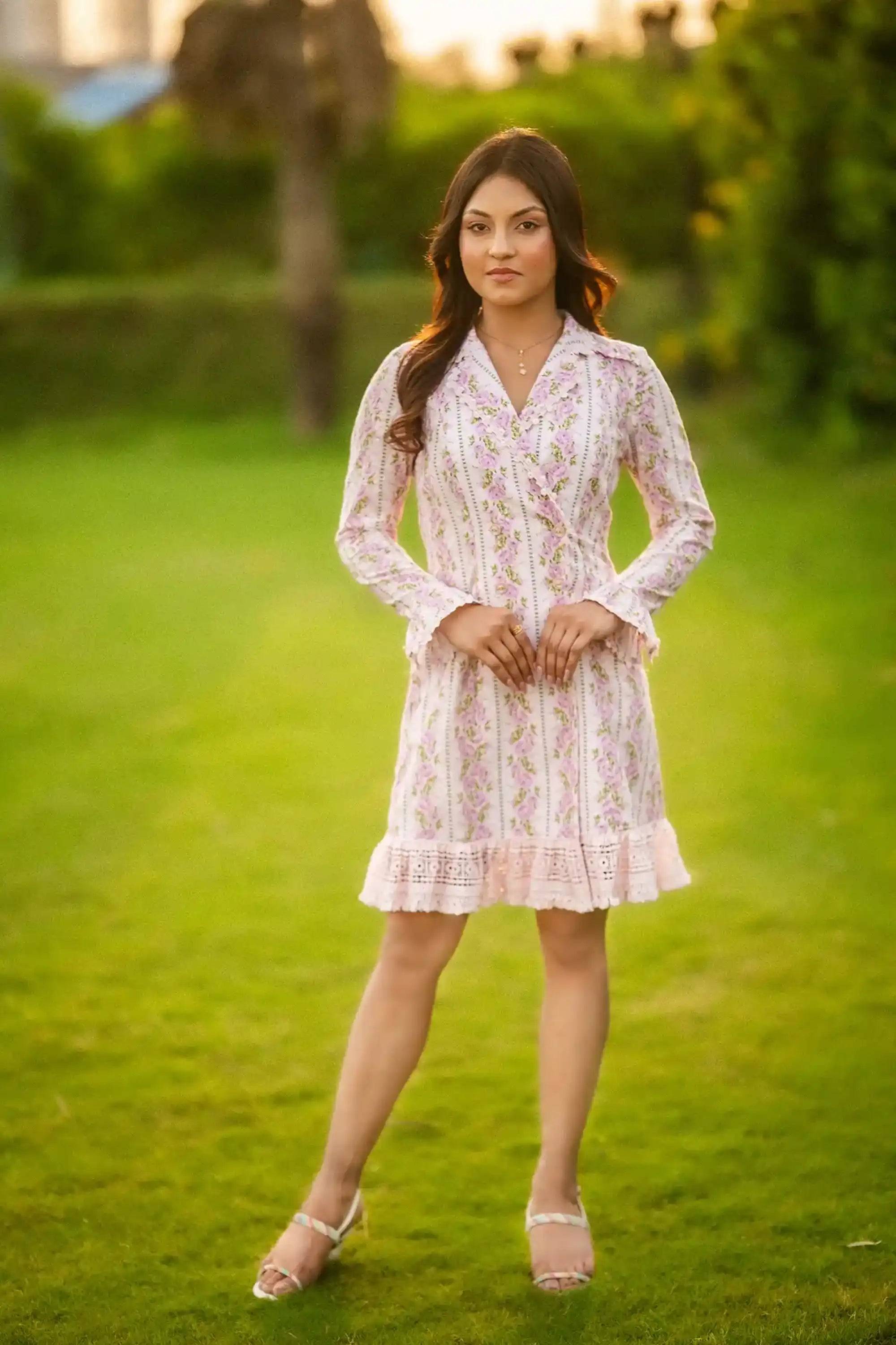 Pastel Pink Floral Stripe Collared Long-Sleeve Mini Dress