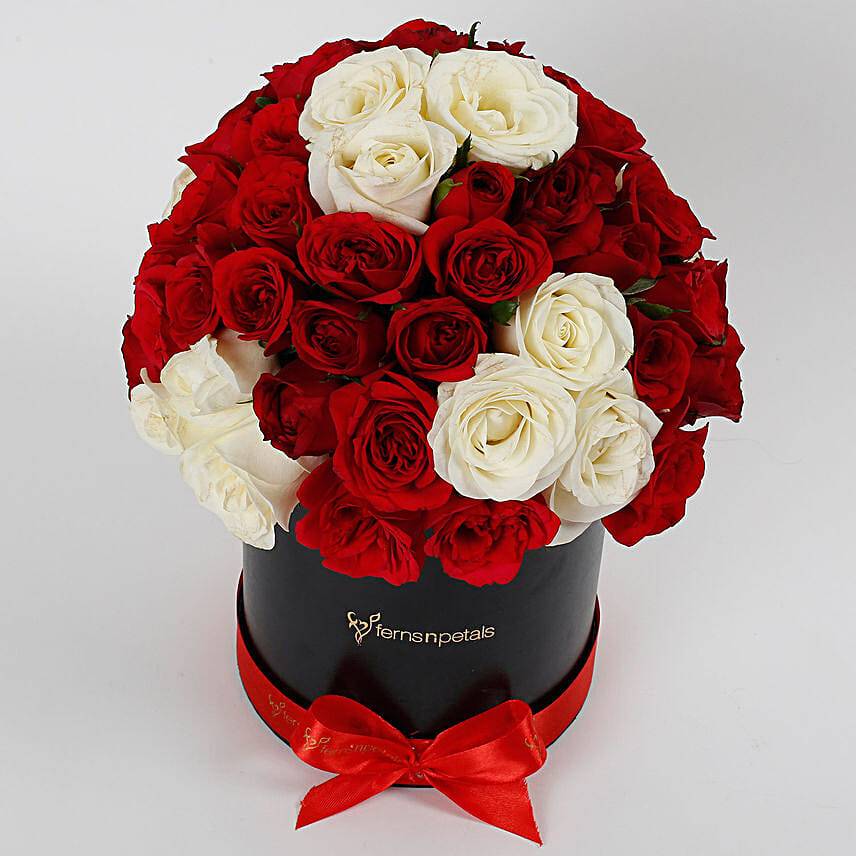 White & Red Roses Box Arrangement