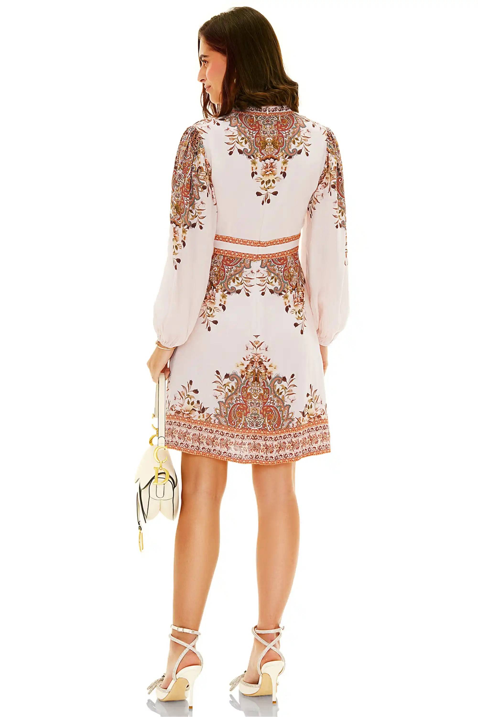 Beige Paisley Puff-Sleeve Mini Dress