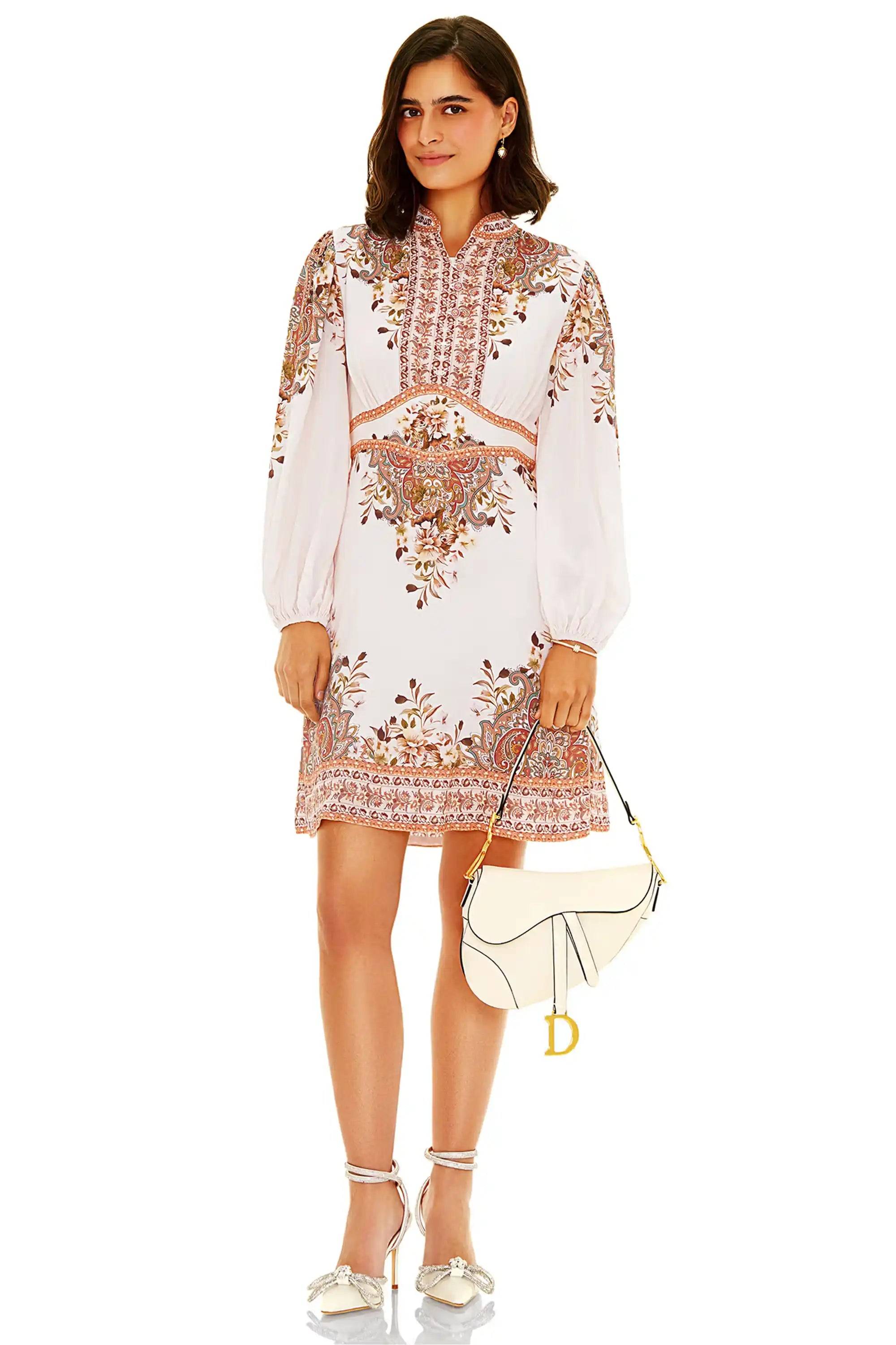 Beige Paisley Puff-Sleeve Mini Dress