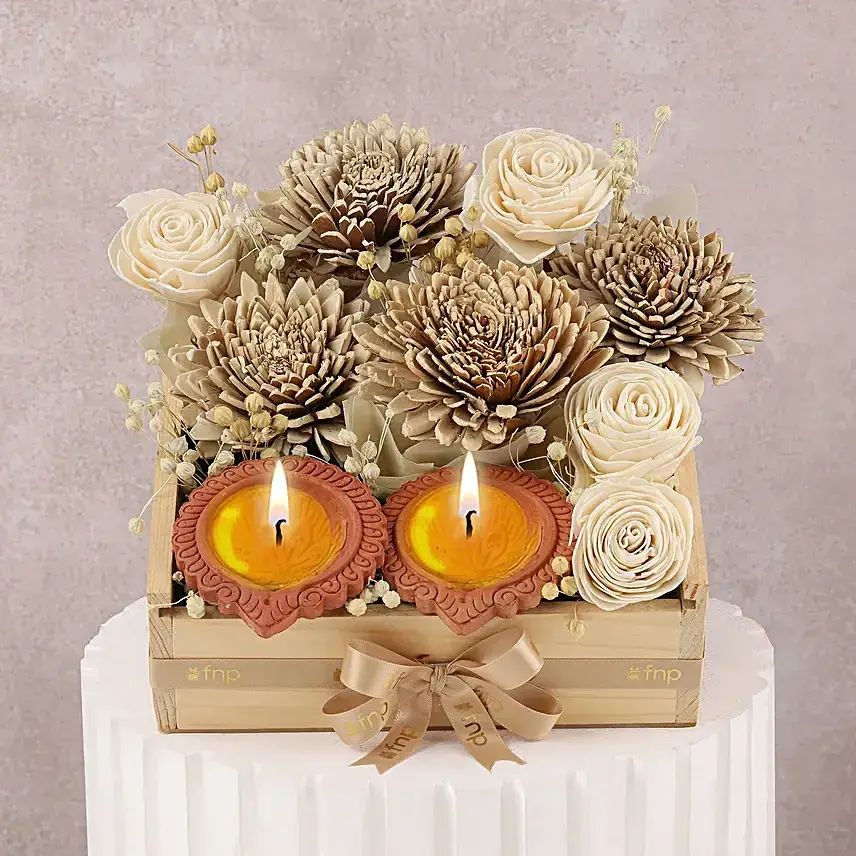 White Sola Belli Diya Tray Gift Set