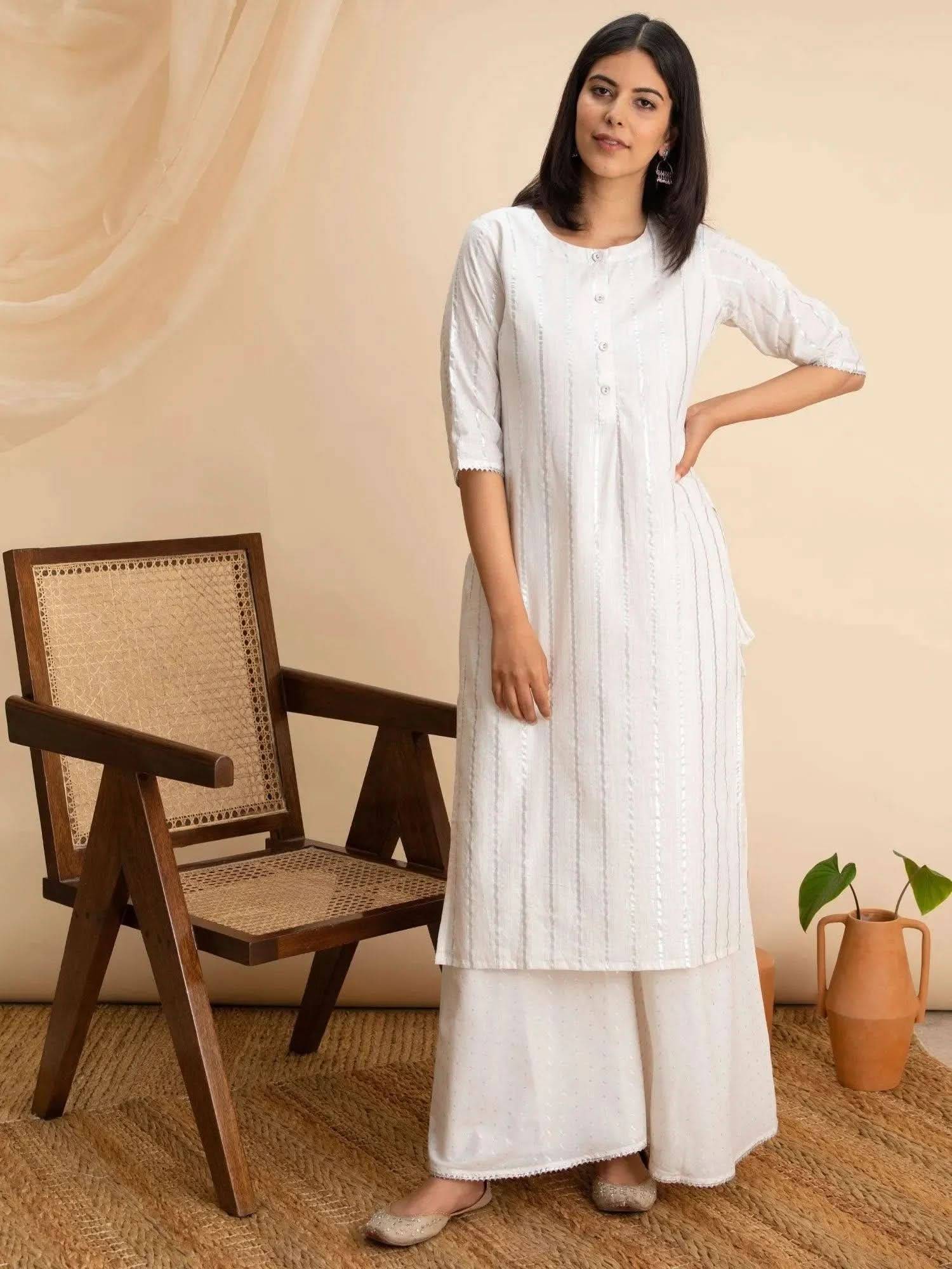 White Woven Design Cotton Kurta Buy at only ₹1999