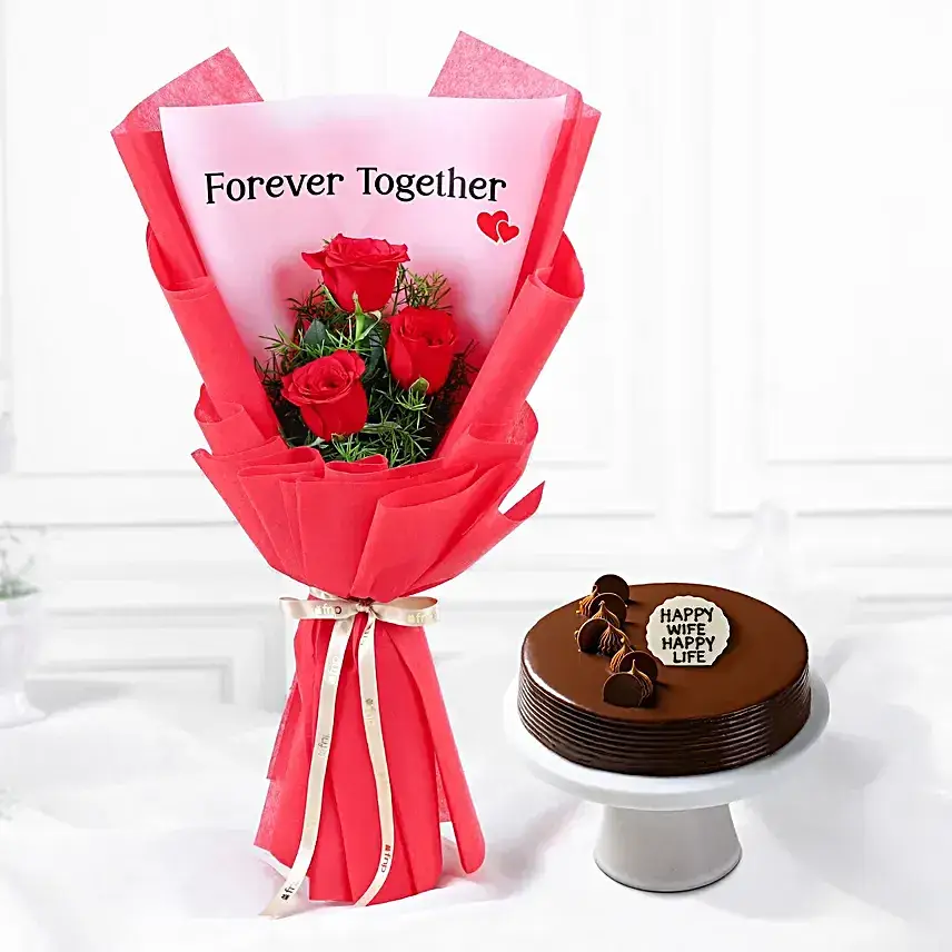 Truffle Cake with Red Rose Bouquet