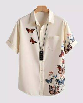 White Butterfly Printed Men’s Half Sleeves Poly Cotton Casual Wear Shirts